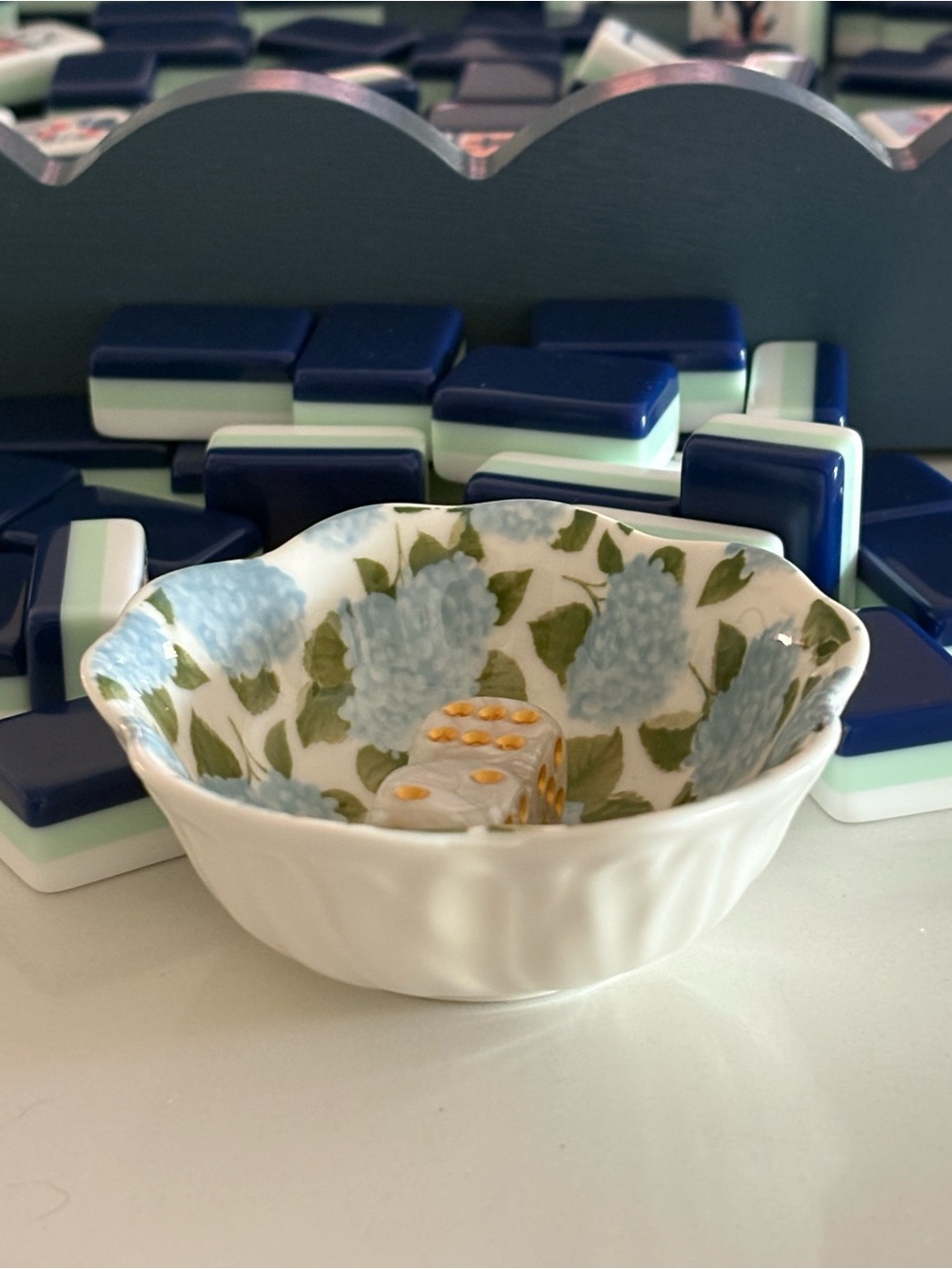 Mahjong Tiles Ceramic Dice Dish Blue Hydrangea trinket ring dish